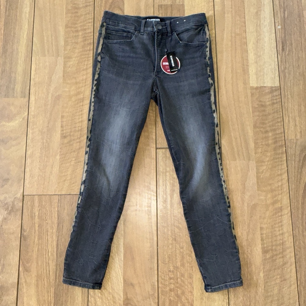 Women's Express Cropped Legging High Rise Stretch Jeans Blk/Animal Print Size 4